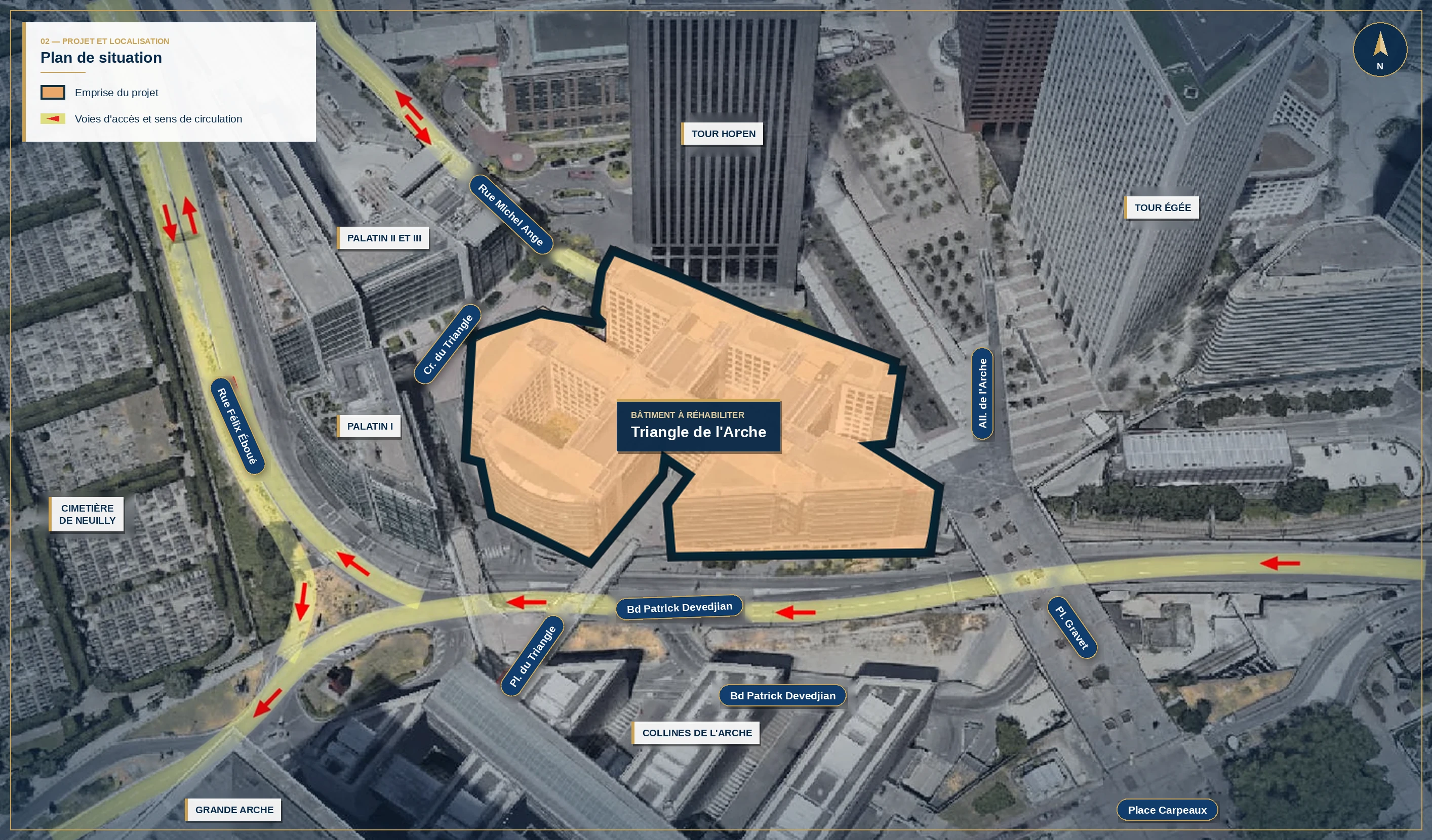 Plan de situation du Triangle de l’Arche à Paris La Défense : l’emprise du projet en orangé, les voies d’accès et leurs sens de circulation en jaune, le cimetière de Neuilly à l’ouest, les tours Hopen et Égée au nord et à l’est, le boulevard Patrick Devedjian au sud.